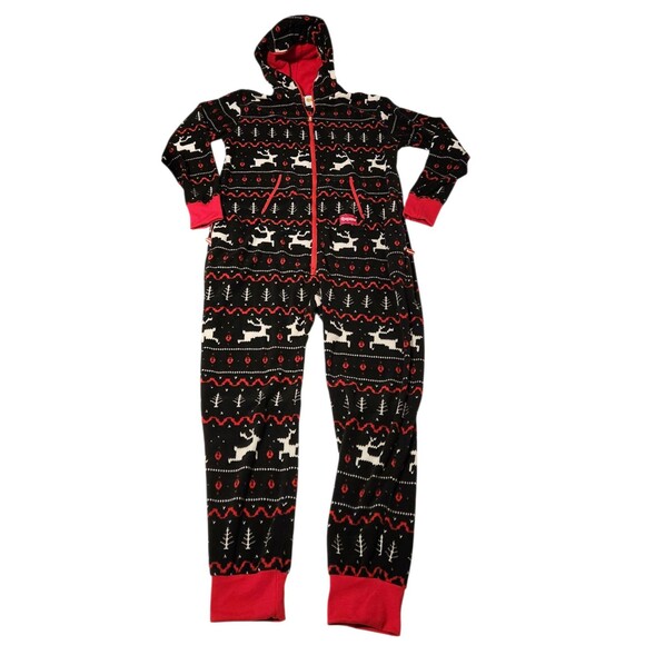Tipsy Elves Fleece One-Piece Pajamas w/ Hood Black Reindeer Size XLarge - Picture 1 of 6